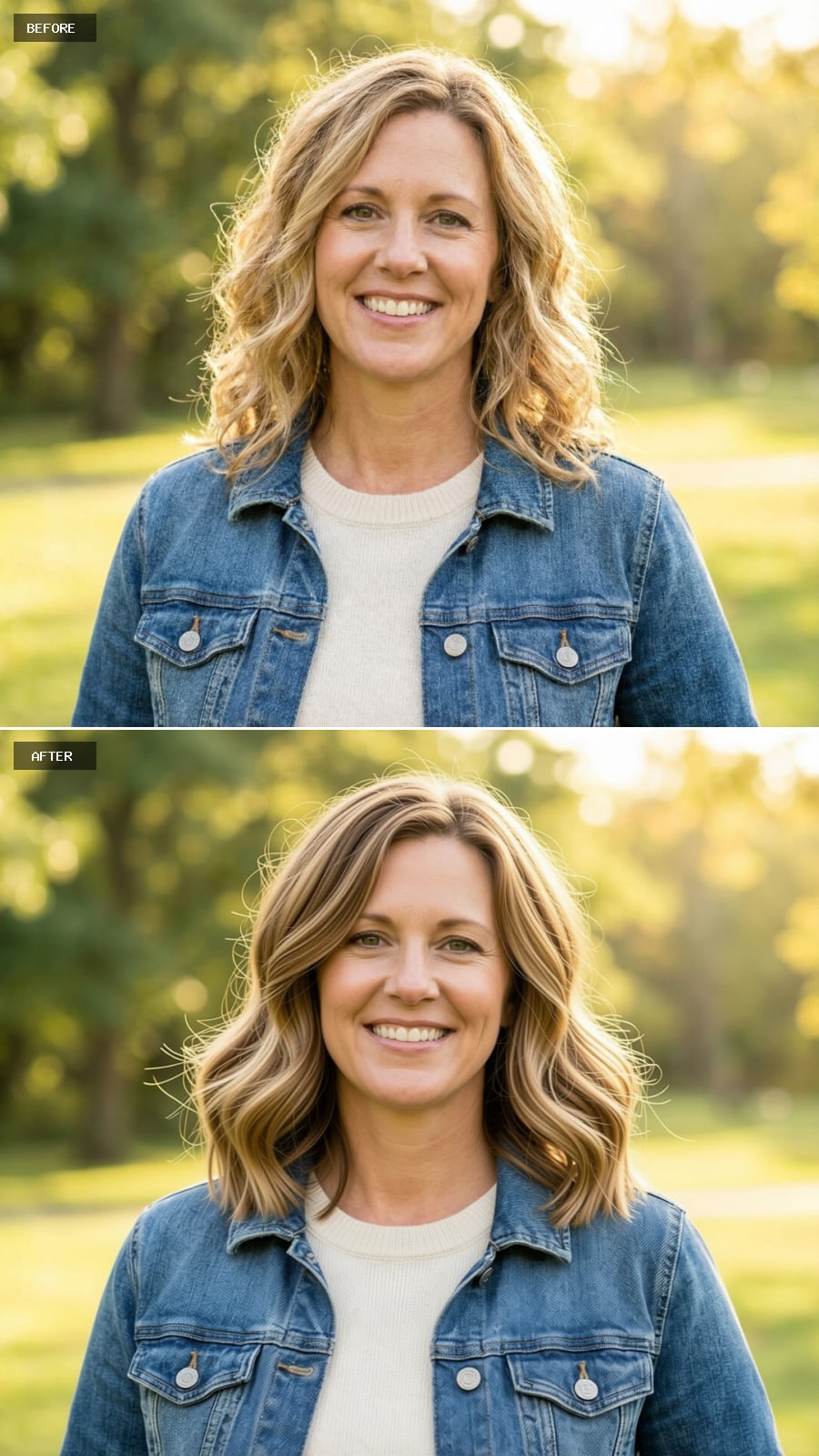 Wispy Curtain Bangs with Warm Honey Tones