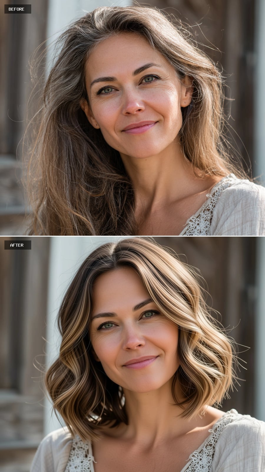 Tousled Midi Length with Buttery Blonde Highlights