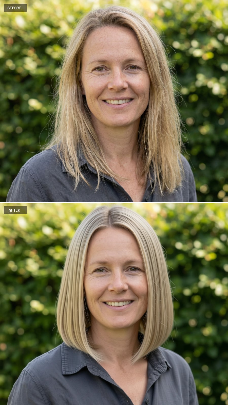 Chin-length Blunt Bob With Clean Perimeter, Cool Beige Blonde Tone, Smooth Straight Styling, Precise Center Part