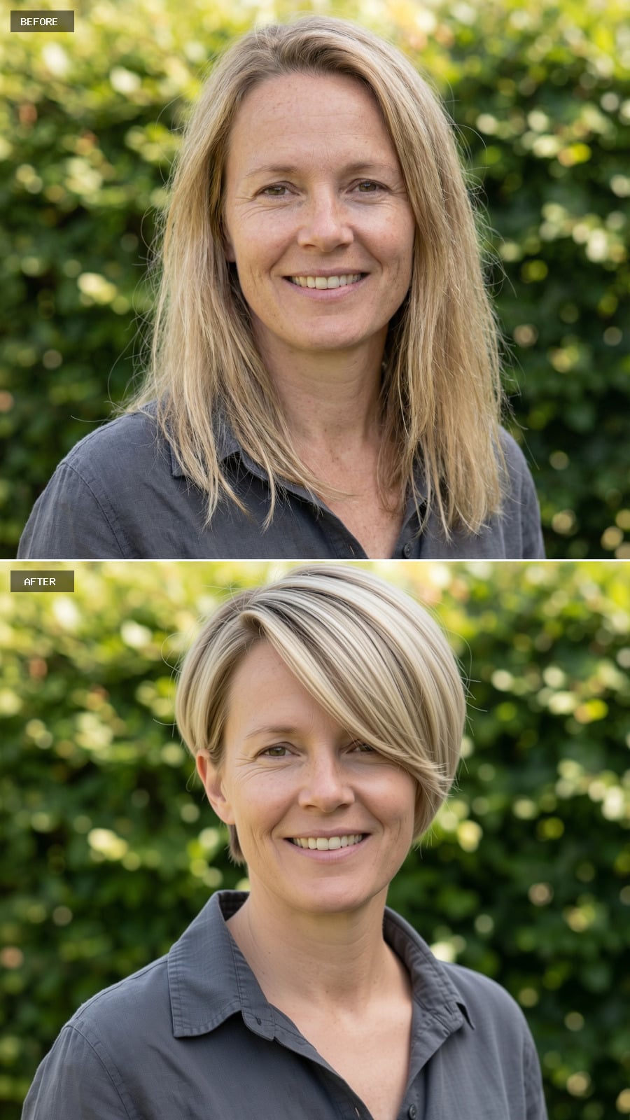 Modern Bixie Cut With Layered Crown And Length At The Nape, Neutral Blonde With Subtle Shadow Root