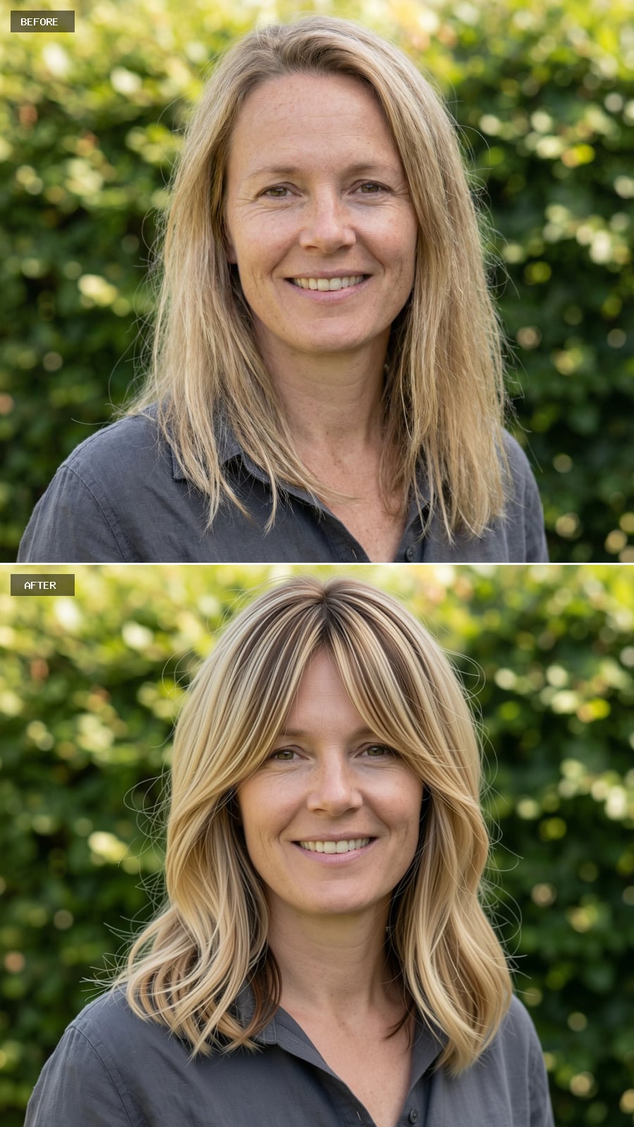 Collarbone-length Cut With Long Face-framing Layers, Warm Blonde Balayage Over Darker Roots