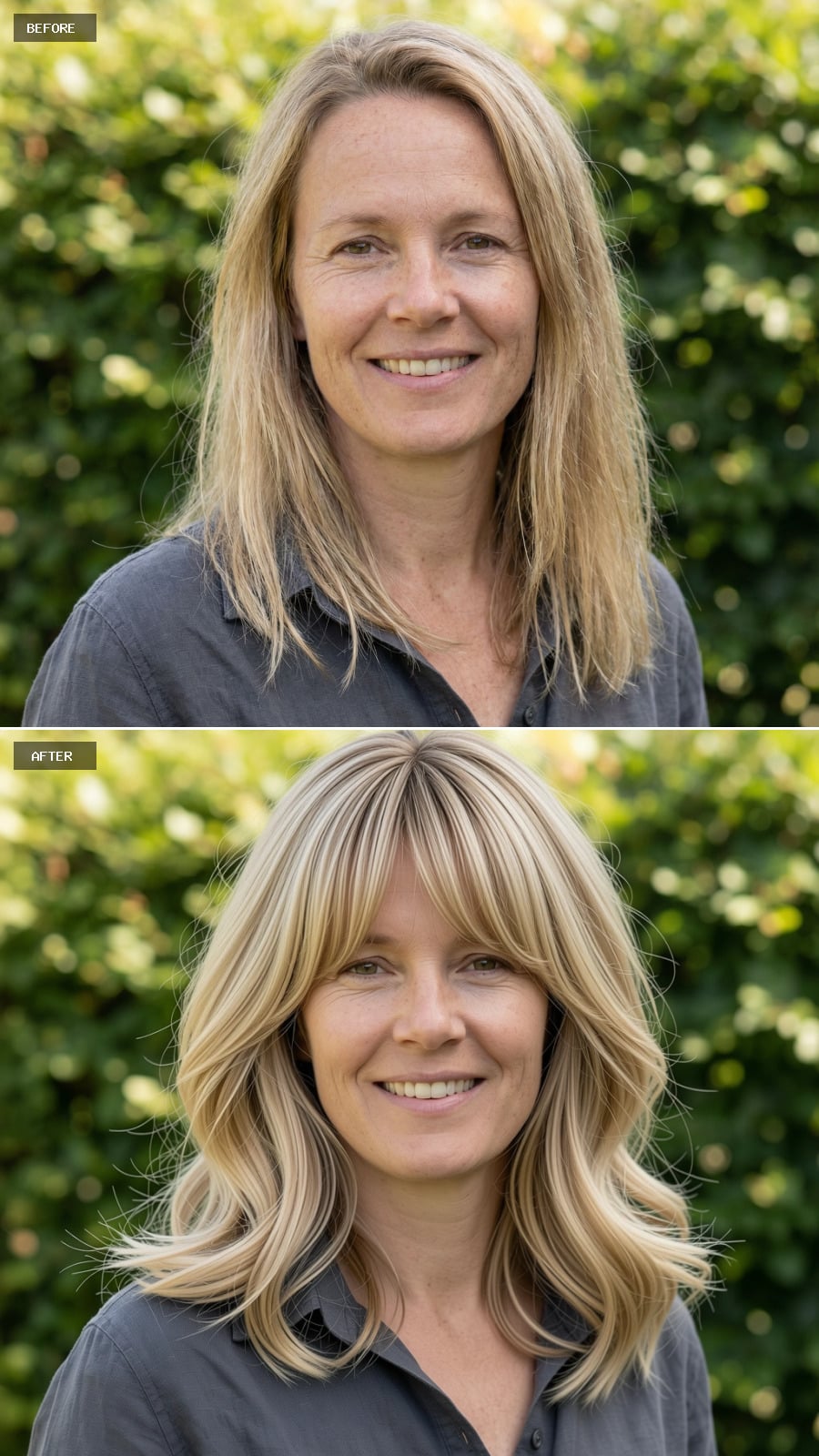 Medium-length Layered Cut With Curtain Bangs, Beige Blonde Base, Soft Blowout Volume