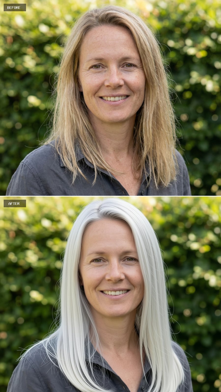 Long Straight Cut With Minimal Layers, Cool Platinum Blonde, Smooth Polished Finish