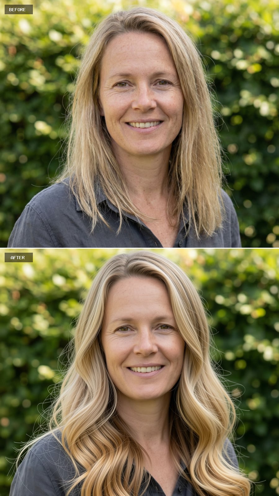 Long Hair With Cascading Waves, Warm Blonde Ombré Fading Lighter Toward The Ends