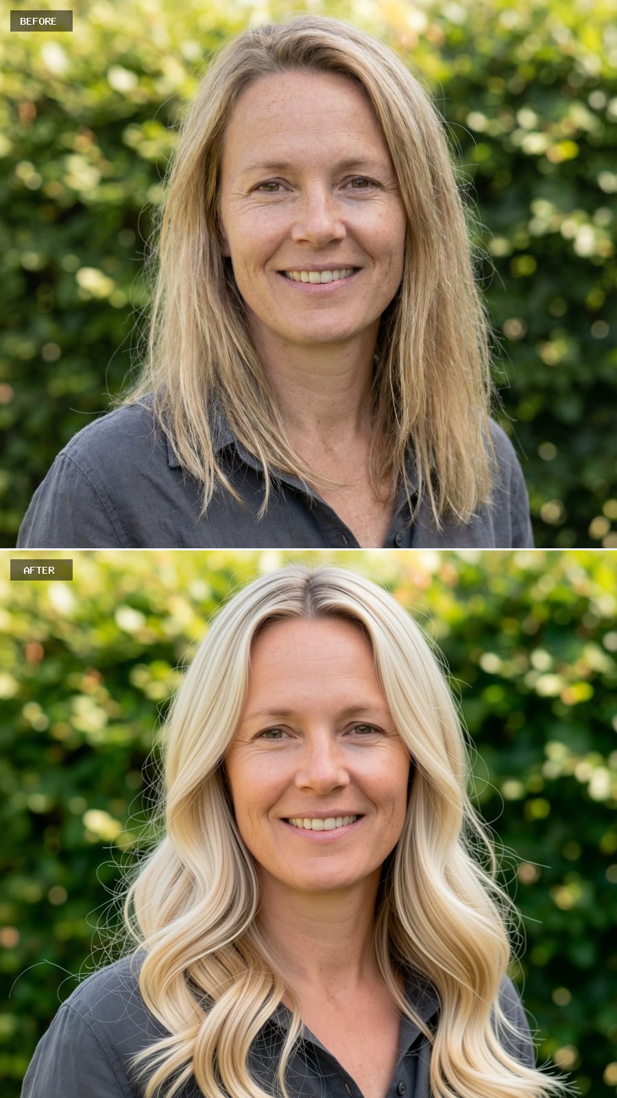 Long Hair Dyed Creamy Champagne Blonde, Loose S-waves, Center Part