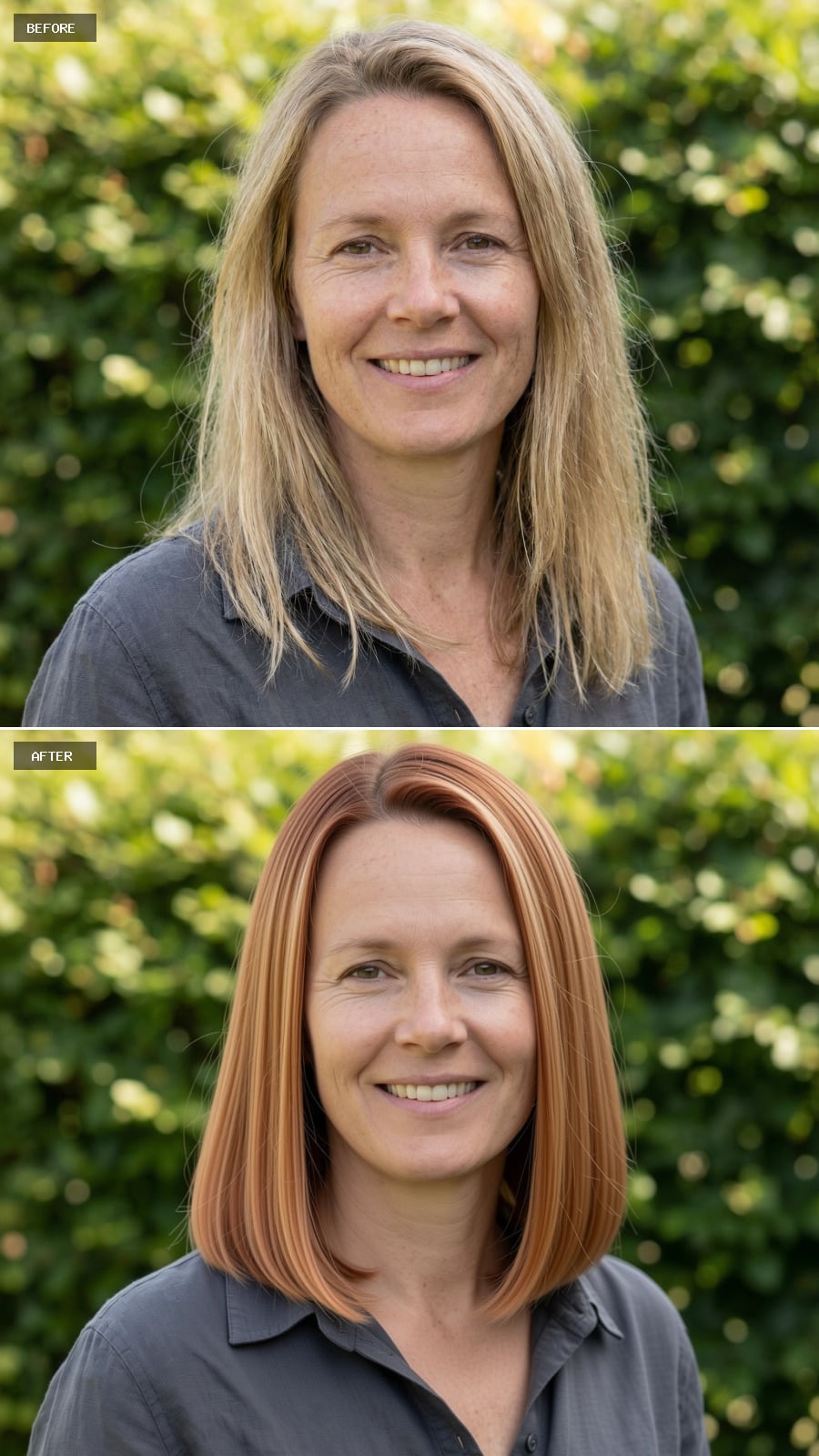 Collarbone-length Cut Dyed Light Auburn, Smooth Straight Styling, Subtle Shine