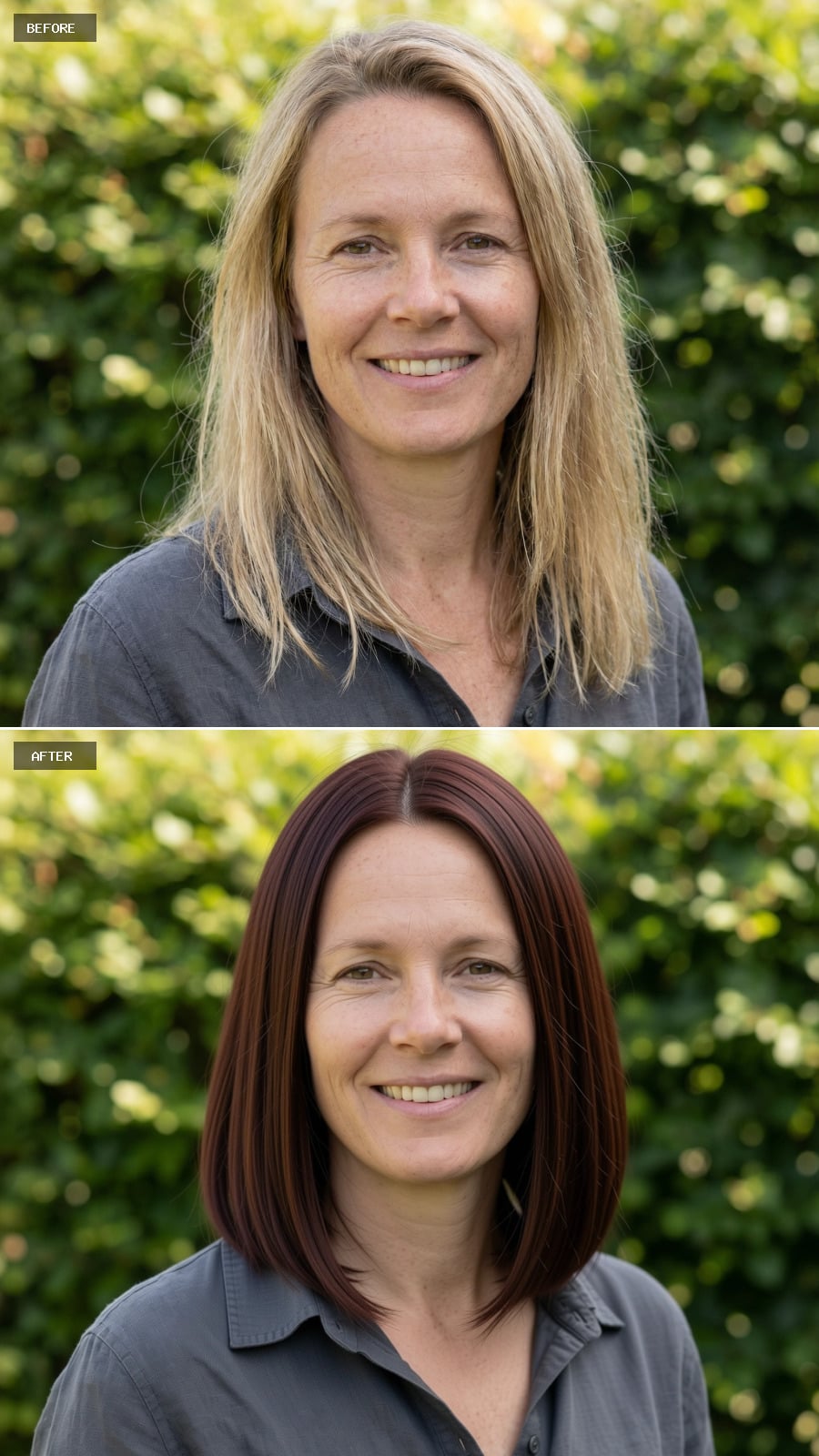 Shoulder-length Cut Dyed Chestnut Brunette, Blunt Ends, Sleek Understated Styling