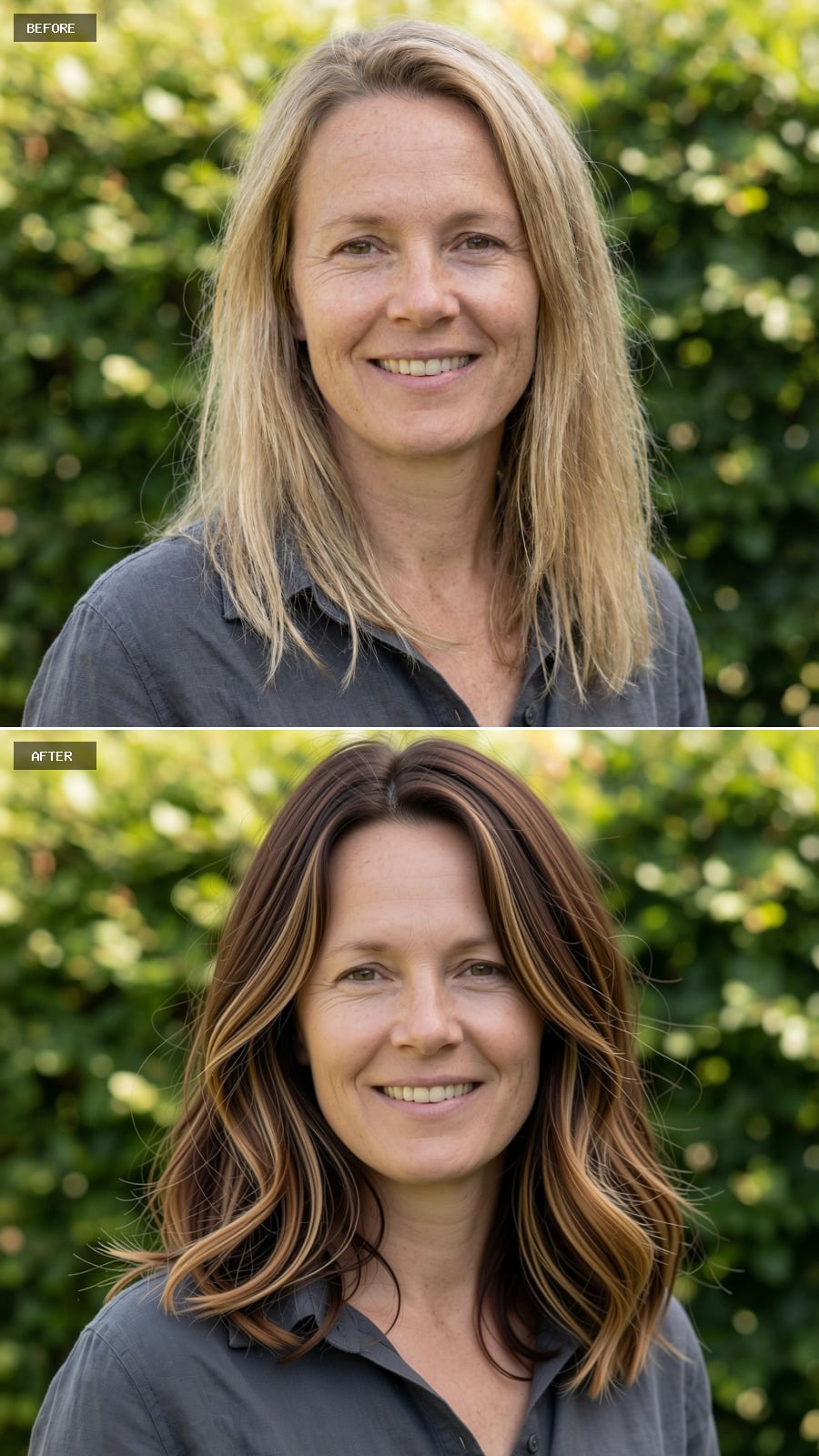 Medium-length Layered Cut With Chocolate Brown Base And Caramel Balayage, Natural Movement