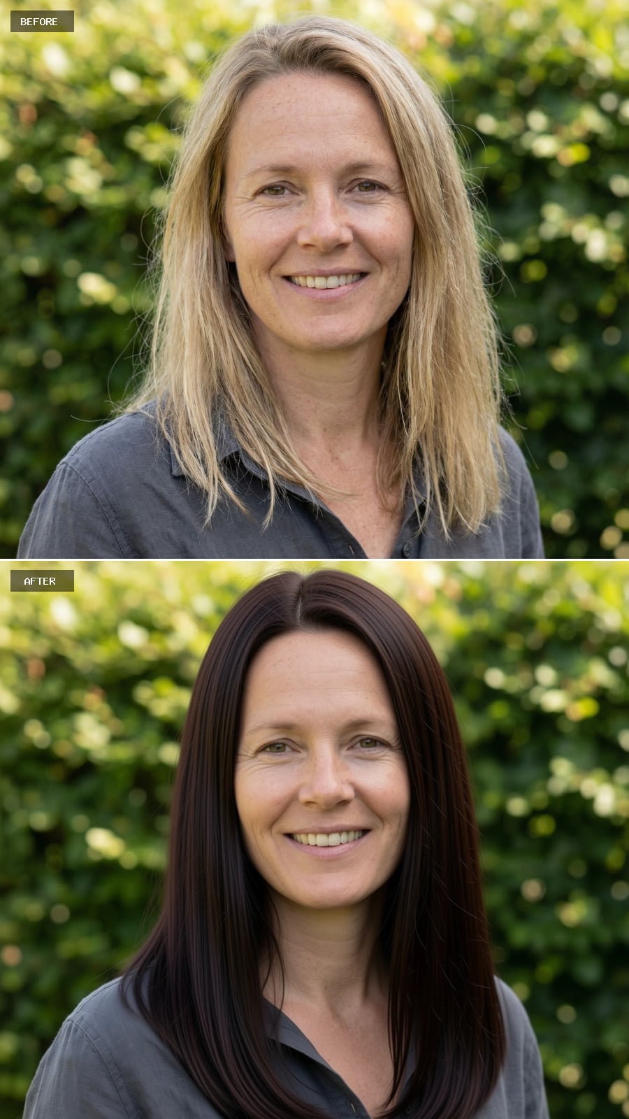 Long Layered Cut Dyed Deep Espresso Brunette, Glossy Straight Finish