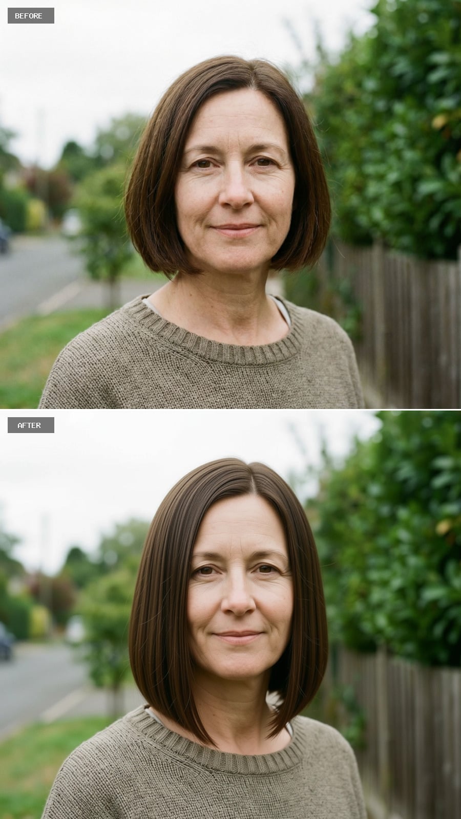 Chin-length Blunt Bob With Softened Perimeter, Cool Mocha Brunette Base, Sleek Straight Styling, Precise Center Part