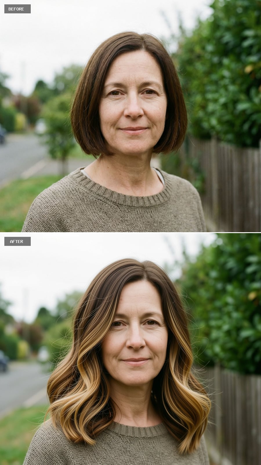 Shoulder-length Lob With Loose Modern Waves, Medium Brown Base With Honey Balayage Through The Ends