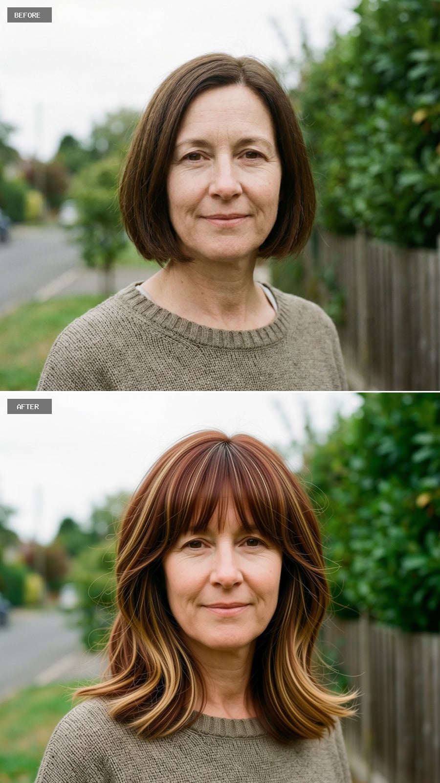 Medium-length Layered Cut With Curtain Bangs, Chestnut Brown Base With Subtle Golden Highlights, Soft Volume