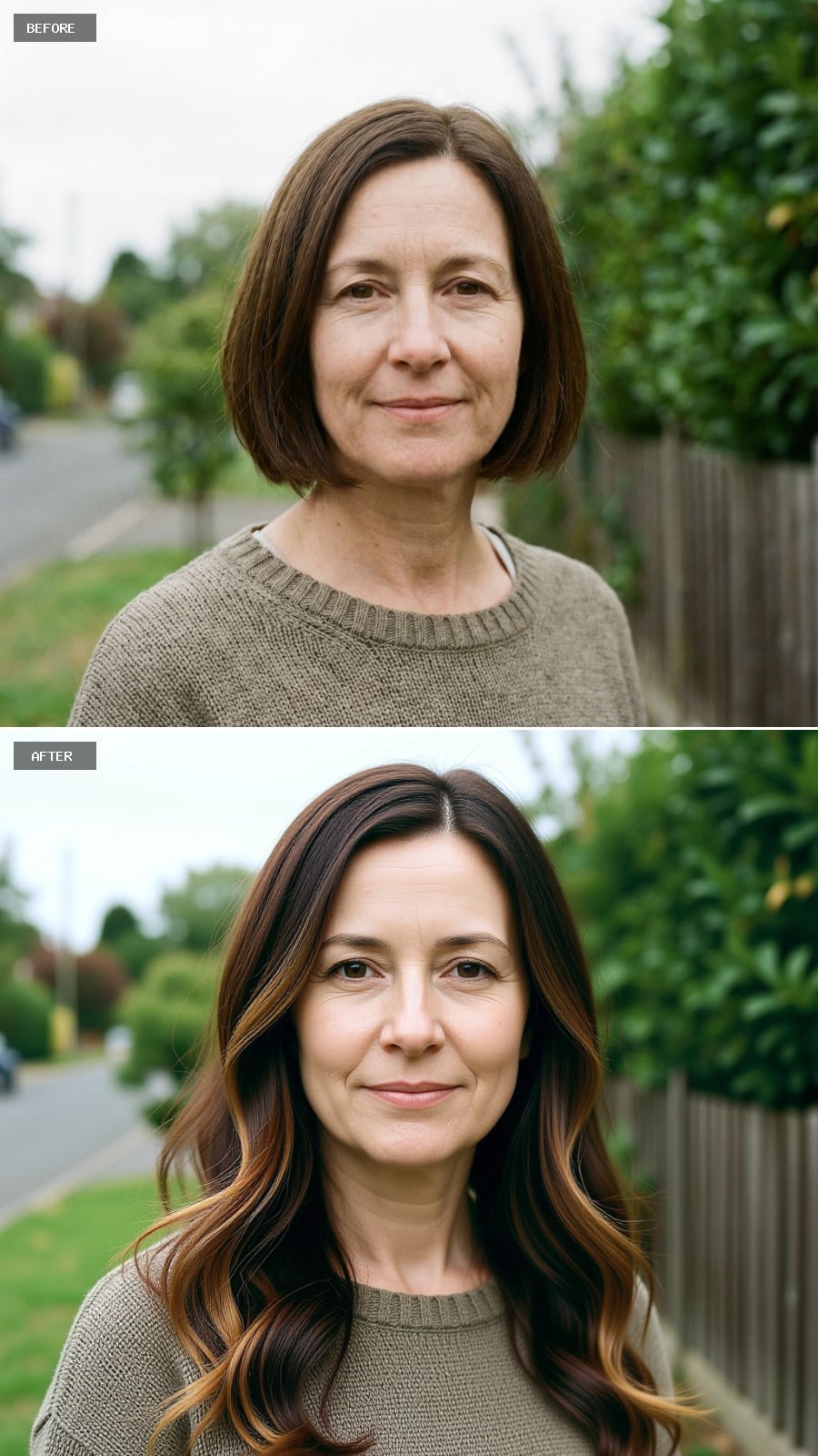 Long Layered Cut Past The Shoulders, Deep Brunette Base With Bronze Balayage Ribbons, Loose Flowing Waves