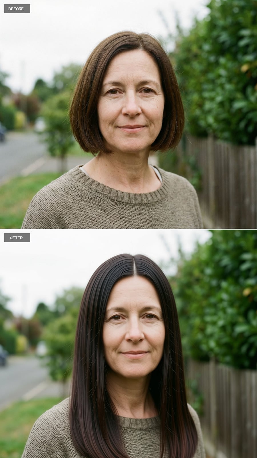 Long Straight Cut With Minimal Layers, Cool Dark Brown, Glassy Smooth Finish, Center Part