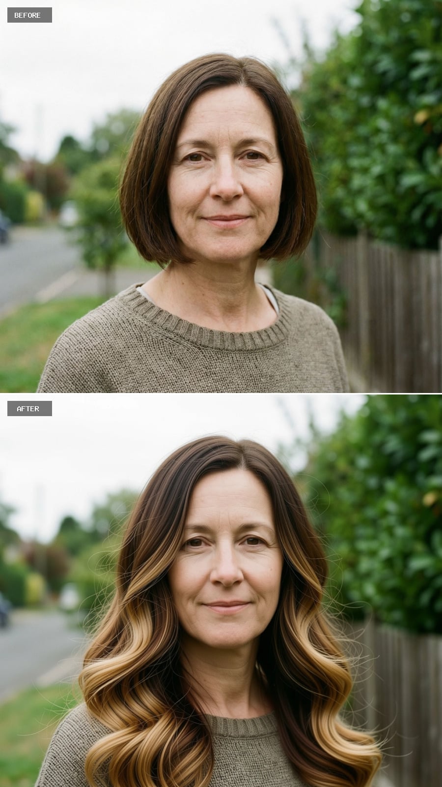 Long Hair Styled In Relaxed S-waves, Brunette-to-honey Ombre Fading Lighter At The Ends