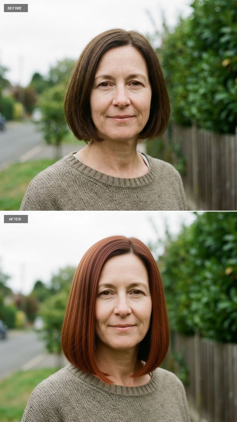 Collarbone-length Cut Dyed Soft Auburn Brown, Smooth Straight Styling With Subtle Shine