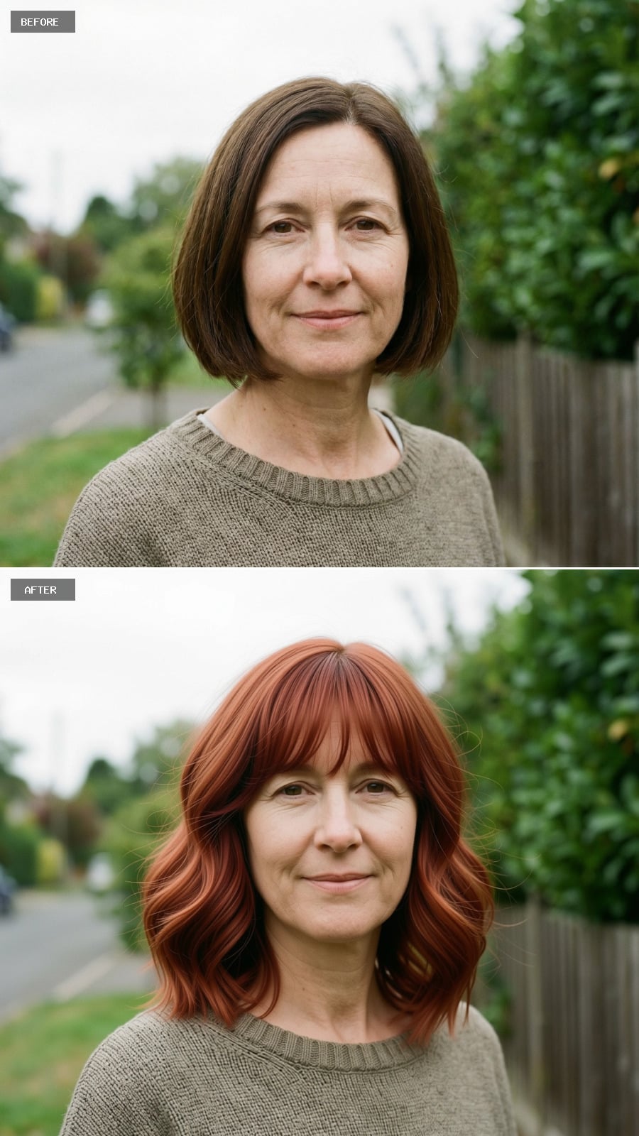 Medium-length Cut Dyed Rich Copper Auburn, Gentle Waves And Face-framing Layers