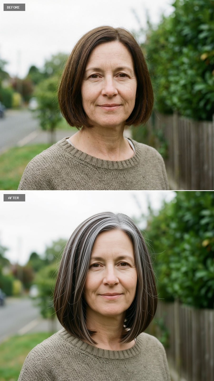 Shoulder-length Blunt Cut Dyed Salt-and-pepper Brunette Blend, Natural Texture, Understated Finish