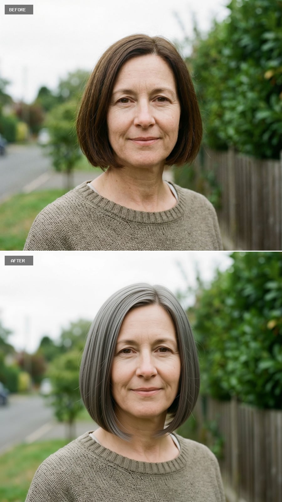 Chin-length Bob Dyed Cool Ash Brown, Tucked-behind-the-ear Styling, Minimalist Elegance