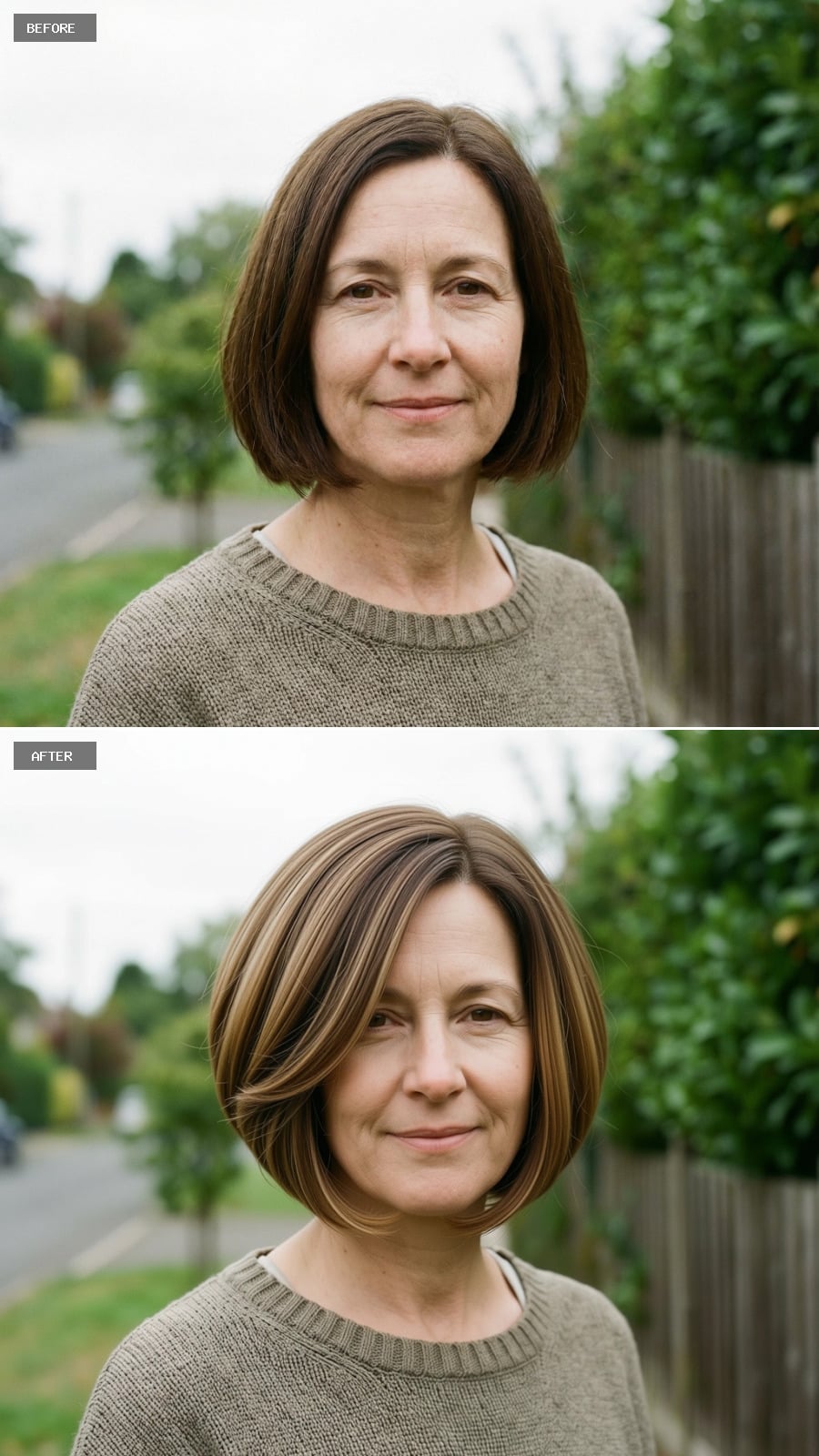 Short Rounded Bob With Volume At The Crown, Neutral Brunette With Light Caramel Balayage Underneath