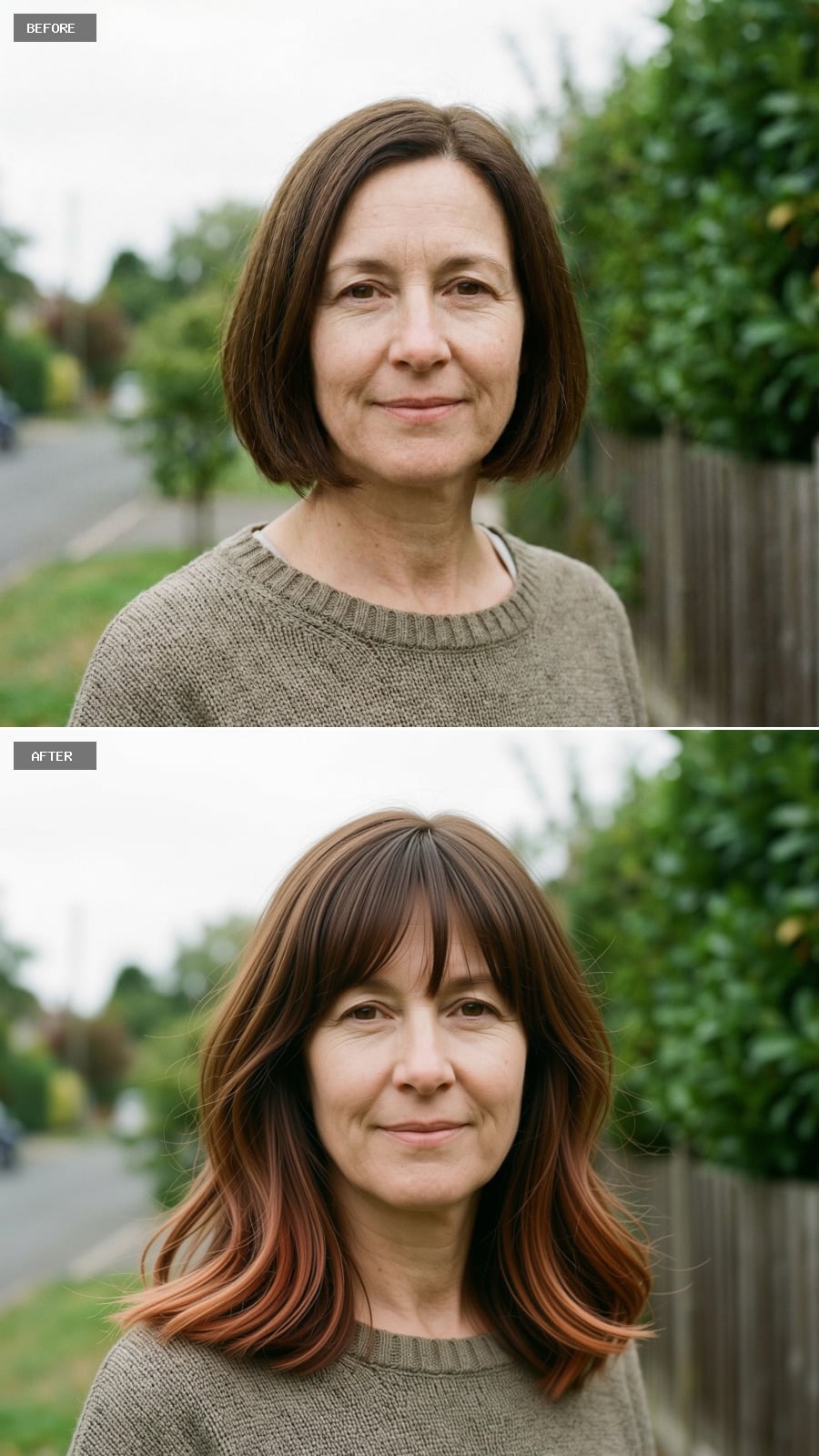Shoulder-length Cut With Wispy Bangs, Brunette Base With Soft Auburn Undertones, Lightly Textured Ends
