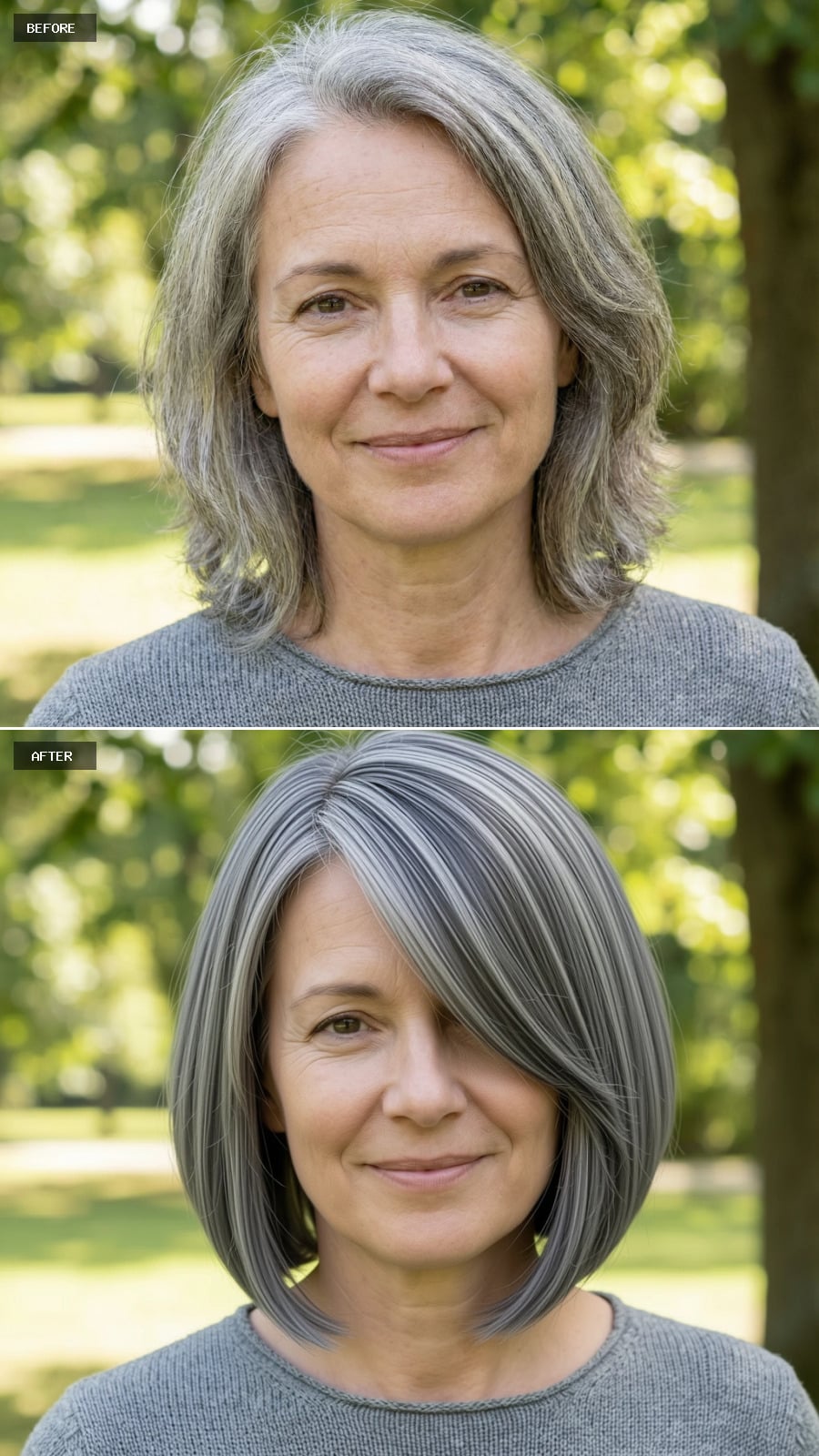 Create A Photorealistic Headshot Makeover Of The Same Woman With A Chin-length French Bob In Cool Gray Tones, Blunt Perimeter With Soft Internal Layering, Deep Side Part, And Gentle Tuck Behind One Ear.