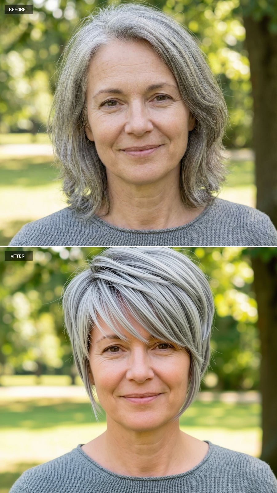 Create A Photorealistic Headshot Makeover Of The Same Woman With A Modern Silver Pixie Cut, Textured Layers On Top, Tapered Sides, Wispy Fringe, And A Soft Matte Gray Finish.