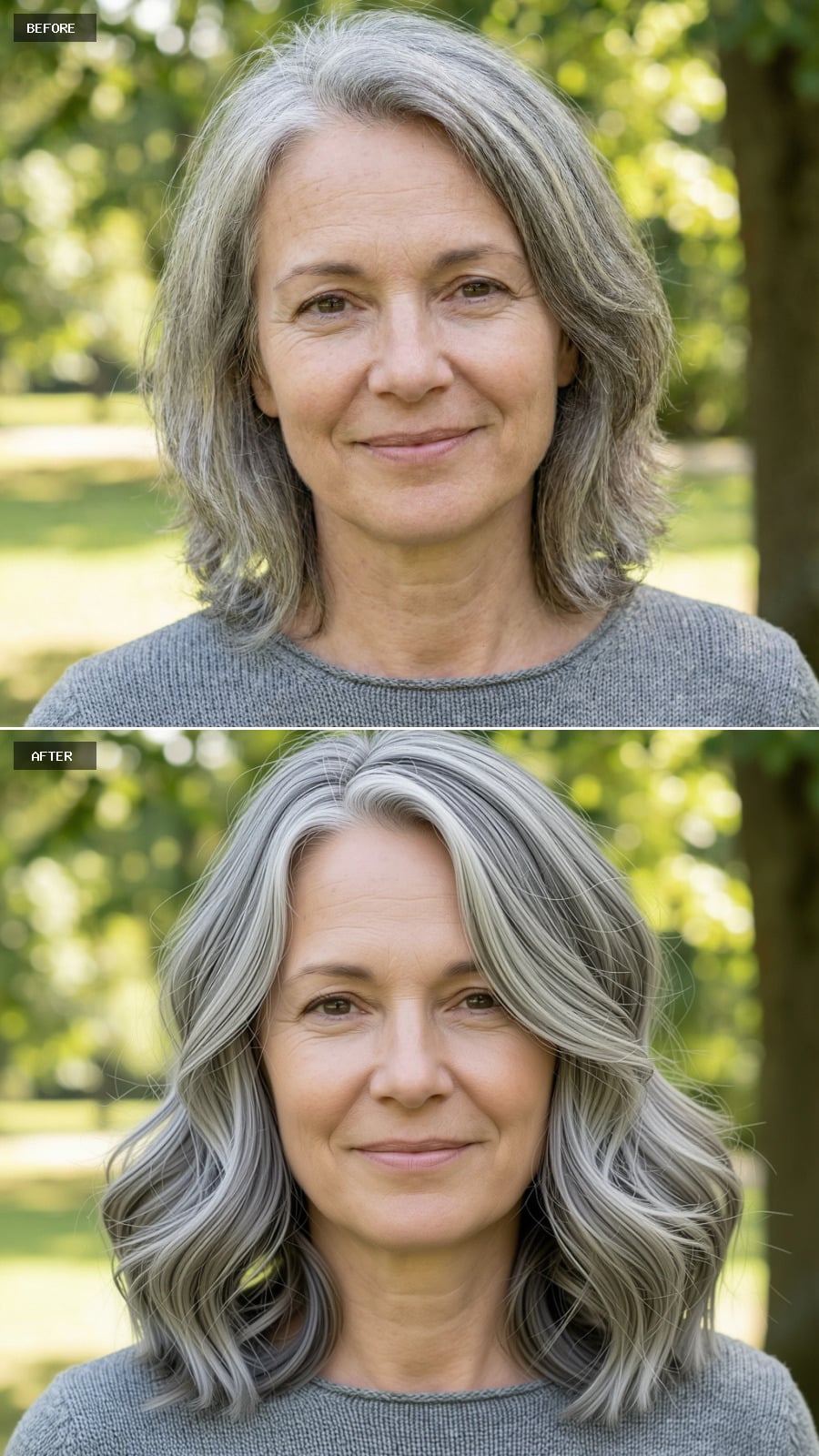 Create A Photorealistic Headshot Makeover Of The Same Woman With A Collarbone-length Lob In Salt-and-pepper Gray, Loose Natural Waves, Middle Part, And Subtle Face-framing Layers.