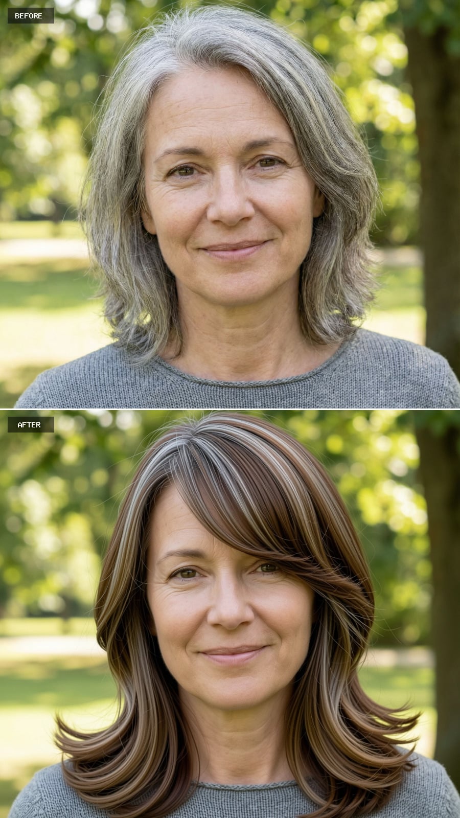 Create A Photorealistic Headshot Makeover Of The Same Woman With A Shoulder-length Warm Brunette Haircut Blended With Gray Highlights, Soft Layering, Side-swept Bangs, And A Smooth Blowout.