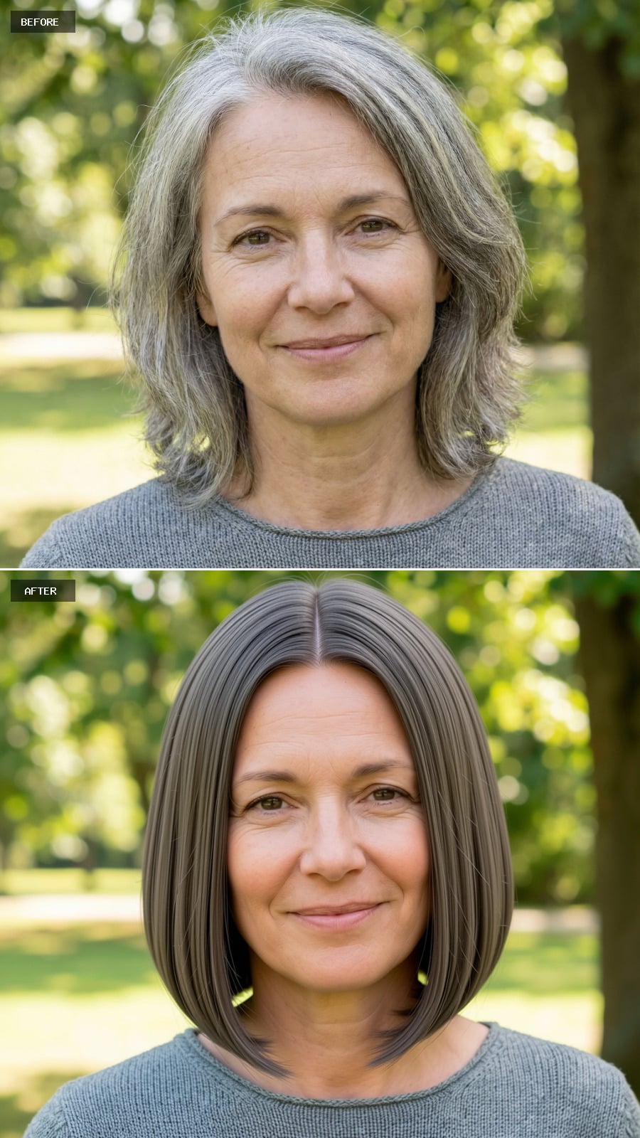 Create A Photorealistic Headshot Makeover Of The Same Woman With A Sleek Chin-length Bob In Cool Ash Brown, Sharp Perimeter, Center Part, And Polished Straight Finish.