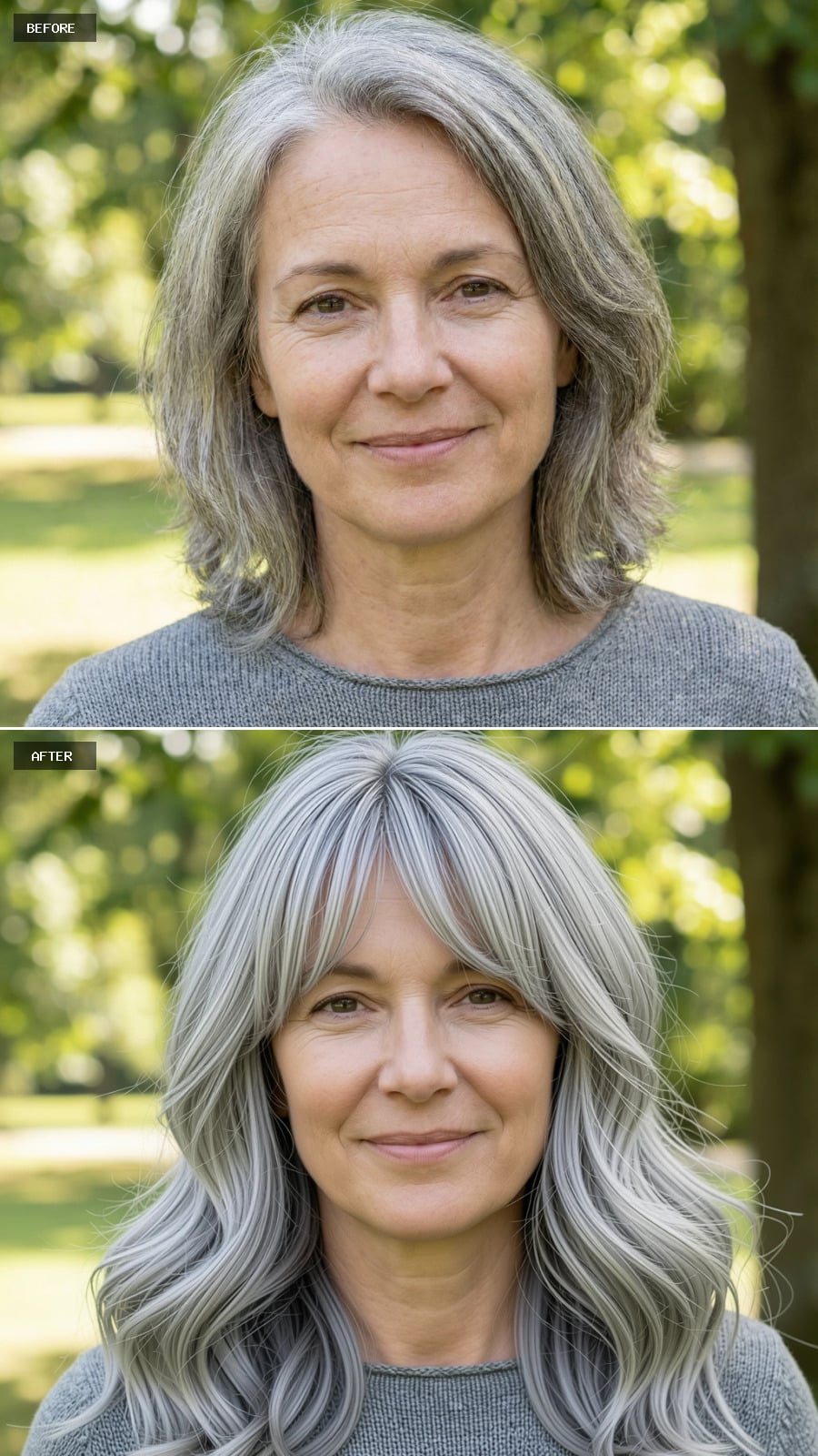 Create A Photorealistic Headshot Makeover Of The Same Woman With A Long Layered Haircut Just Past The Shoulders In Silver Gray, Feathered Ends, Light Wave, And Soft Curtain Bangs.