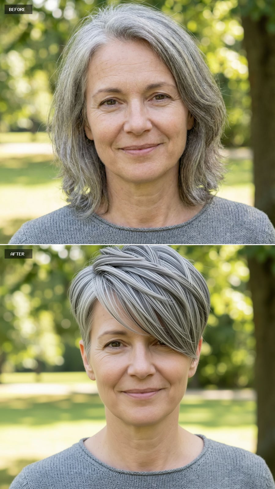 Create A Photorealistic Headshot Makeover Of The Same Woman With A Cropped Gray Pixie-bob Hybrid, Textured Crown, Longer Fringe Sweeping Across The Forehead, And Clean Neckline.