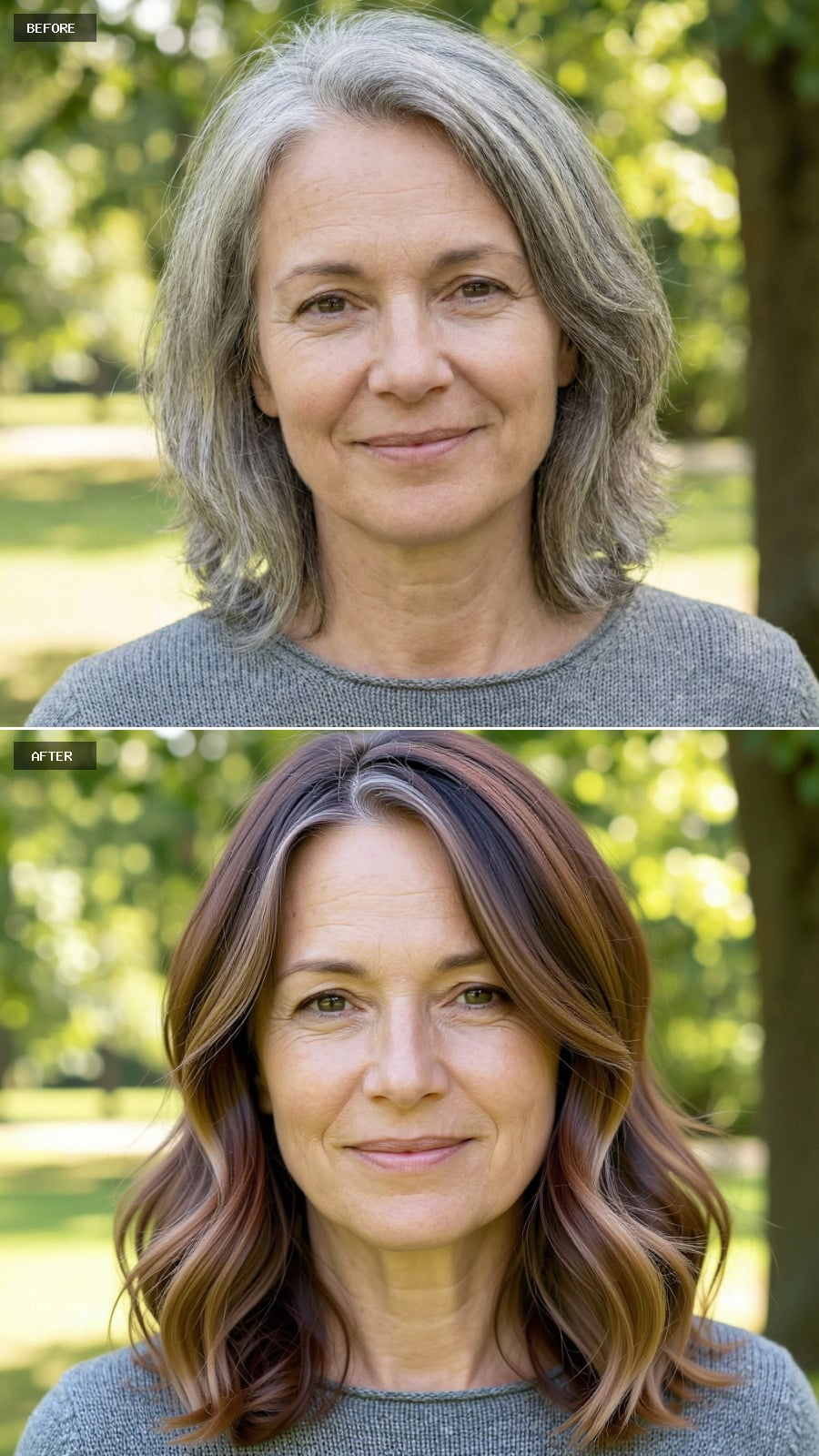 Create A Photorealistic Headshot Makeover Of The Same Woman With A Shoulder-length Caramel Brown Lob With Gray Blended Balayage, Subtle Waves, Off-center Part, And Lived-in Texture.