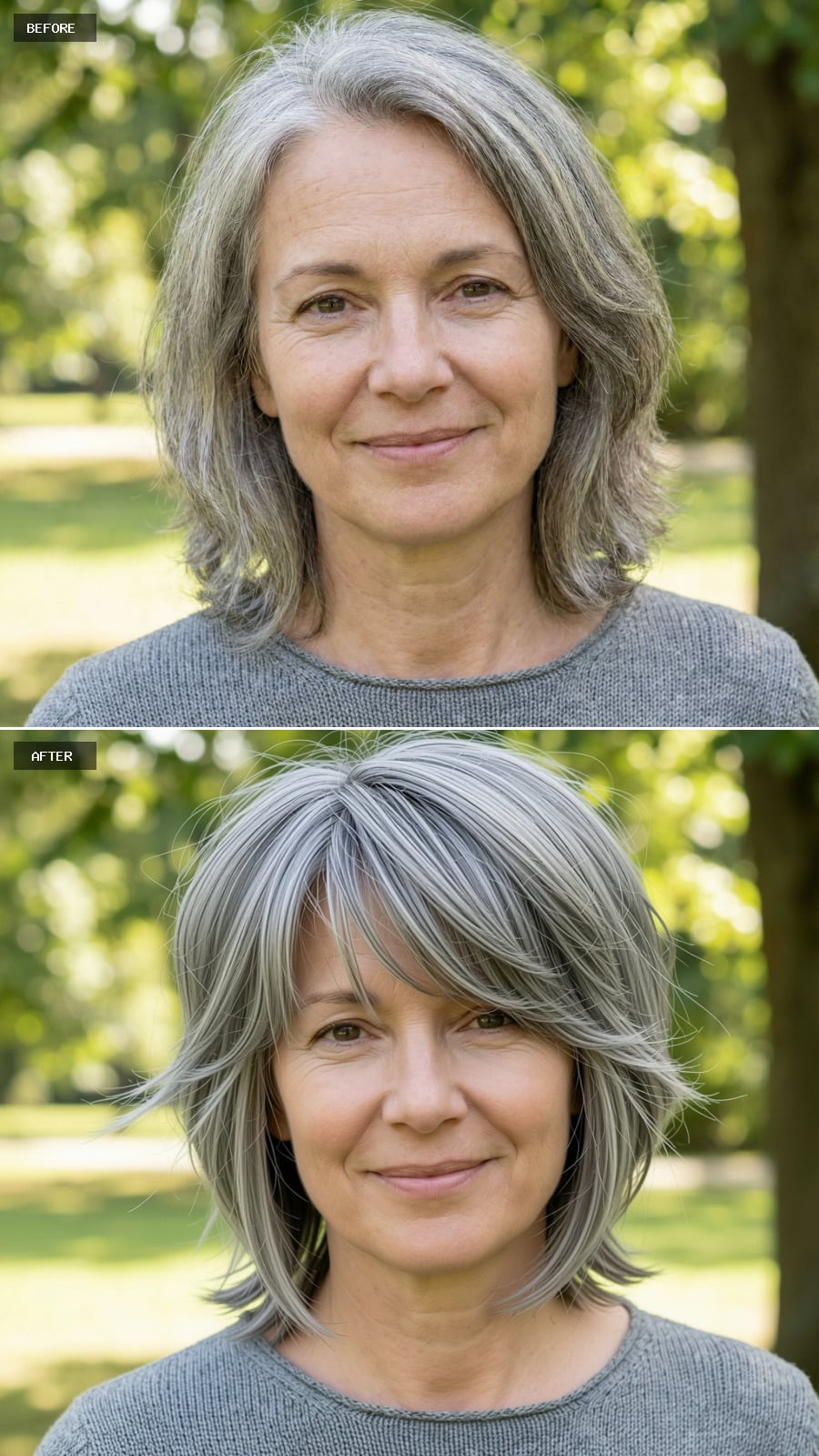 Create A Photorealistic Headshot Makeover Of The Same Woman With A Modern Shag Haircut In Salt-and-pepper Gray, Choppy Layers, Light Fringe, And Effortless Movement.