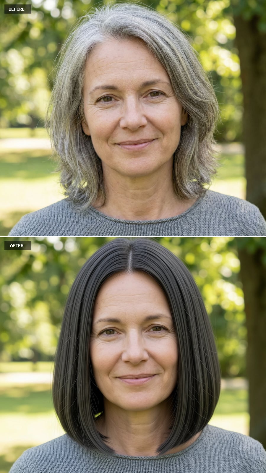 Create A Photorealistic Headshot Makeover Of The Same Woman With A Shoulder-grazing Bob In Dark Charcoal Gray, Blunt Ends, Minimal Layering, And A Sleek Straight Style.