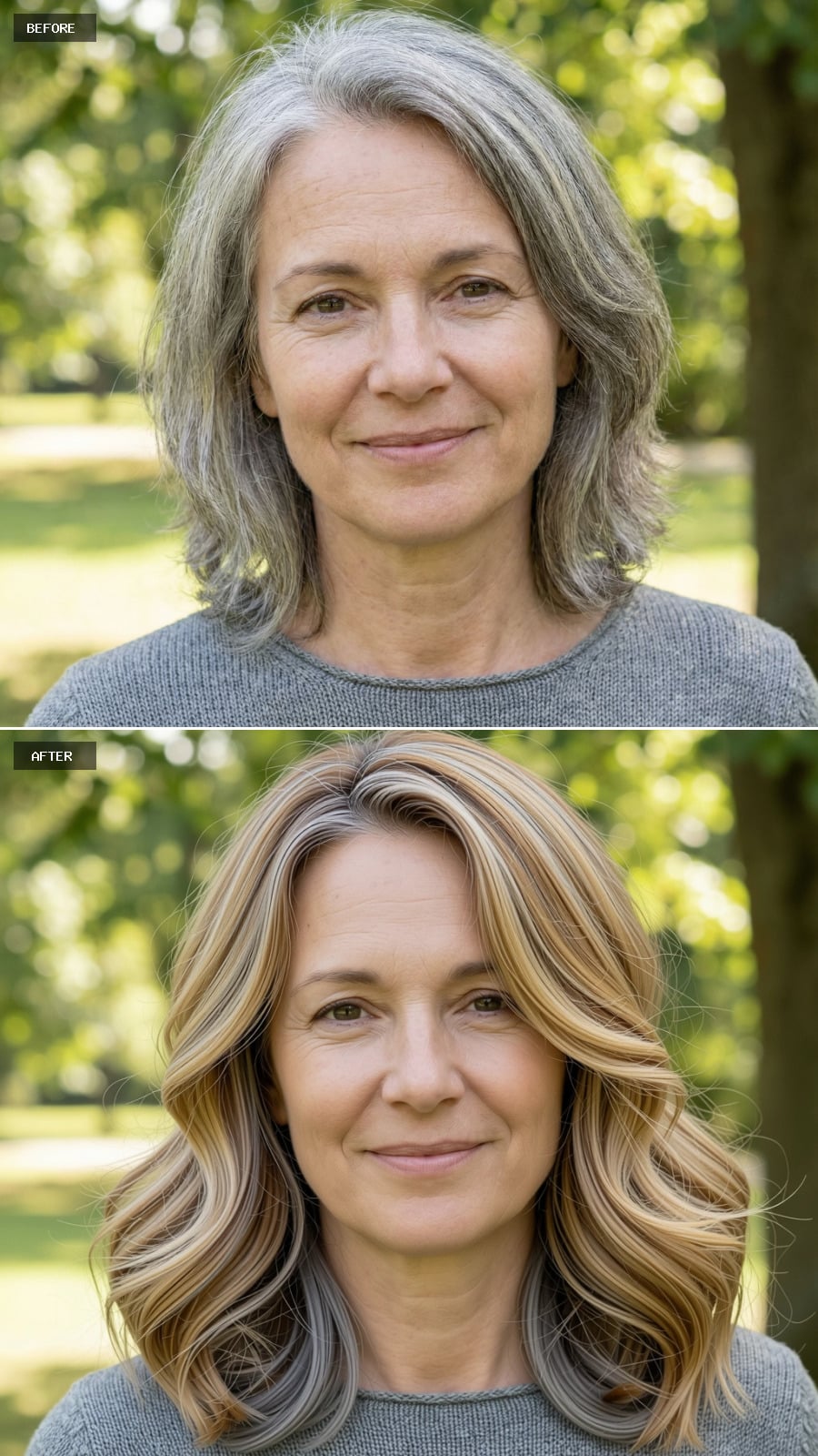 Create A Photorealistic Headshot Makeover Of The Same Woman With A Longer Lob In Warm Honey Blonde Blended With Gray, Soft Waves, Face-framing Layers, And Relaxed Volume.