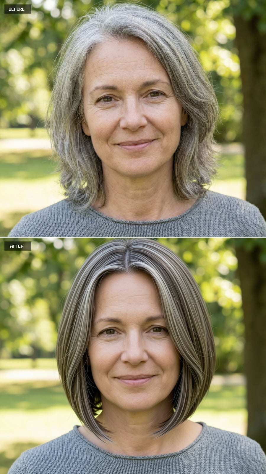 Create A Photorealistic Headshot Makeover Of The Same Woman With A Collarbone-length Cut In Ash Brown With Gray Streaks, Subtle Layering, Center Part, And Smooth Finish.