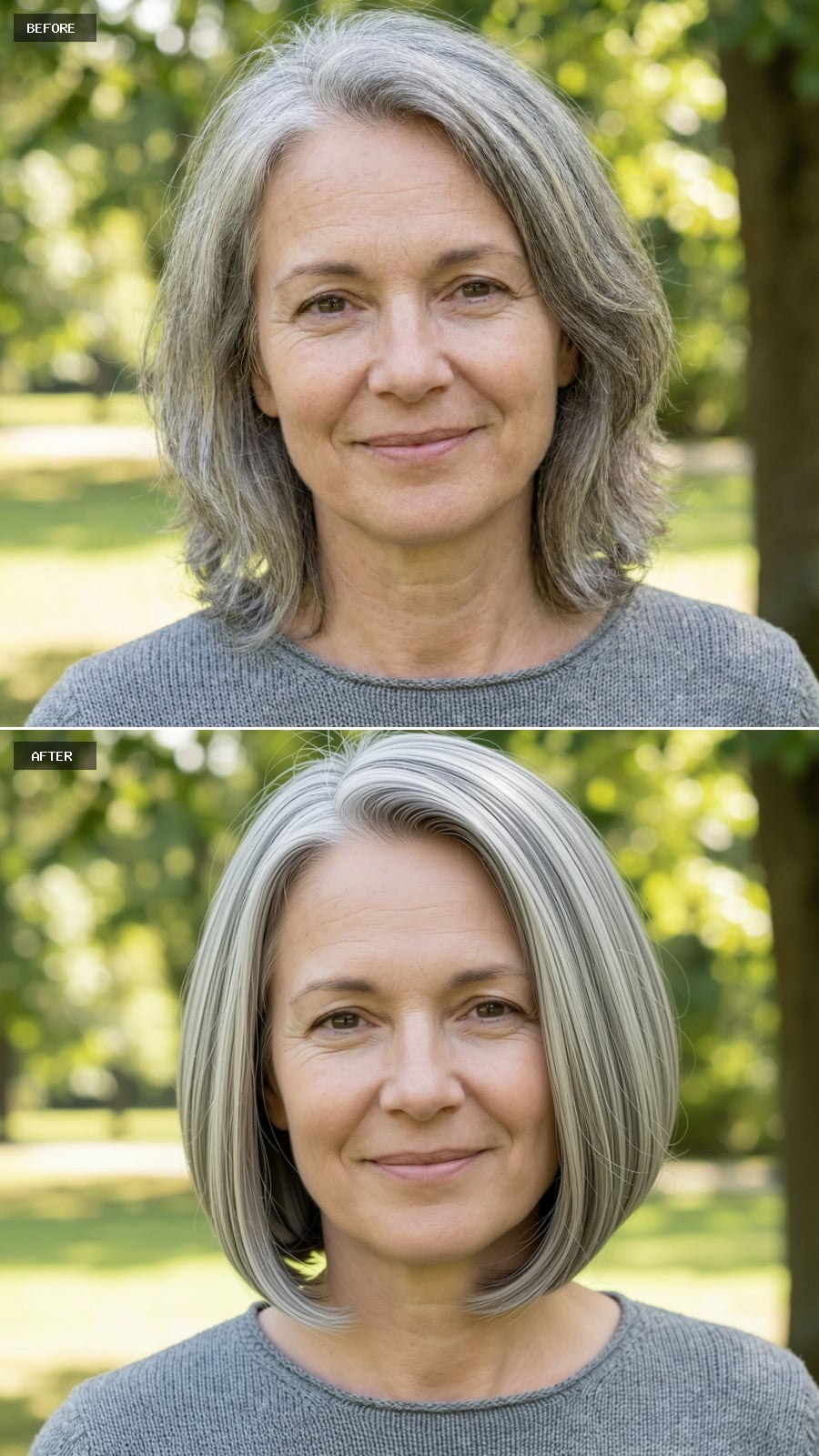 Create A Photorealistic Headshot Makeover Of The Same Woman With A Chin-length Rounded Bob In Pearl Gray, Full Shape, Soft Undercut At The Nape, And Polished Styling.