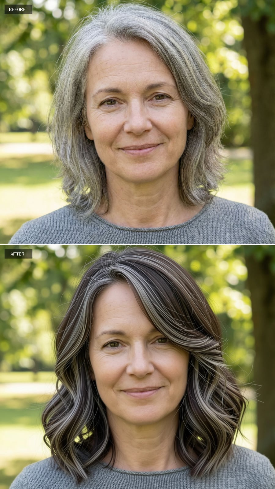 Create A Photorealistic Headshot Makeover Of The Same Woman With A Shoulder-length Layered Cut In Cool Mushroom Brown, Blended Gray Highlights, Gentle Wave, And Side Part.