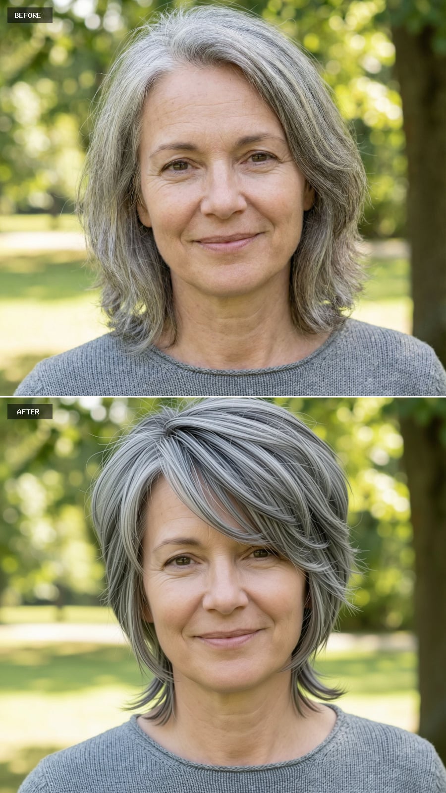 Create A Photorealistic Headshot Makeover Of The Same Woman With A Modern Gray Wolf Cut, Medium Length, Layered Crown, Wispy Ends, And Soft Natural Texture.