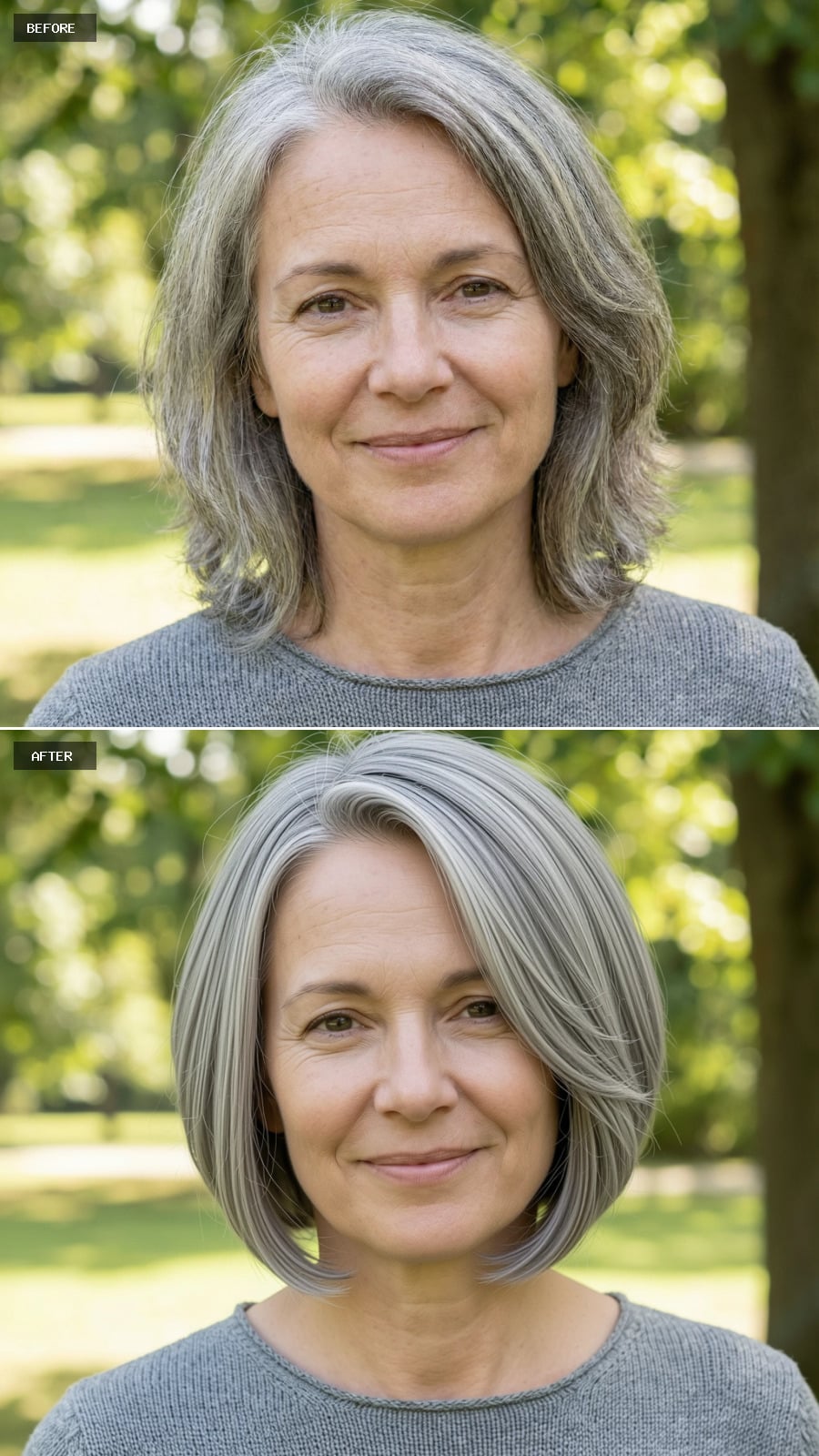 Create A Photorealistic Headshot Makeover Of The Same Woman With A Short Softly Layered Bob In Neutral Gray, Light Volume At The Crown, And Subtle Inward Curve At The Ends.