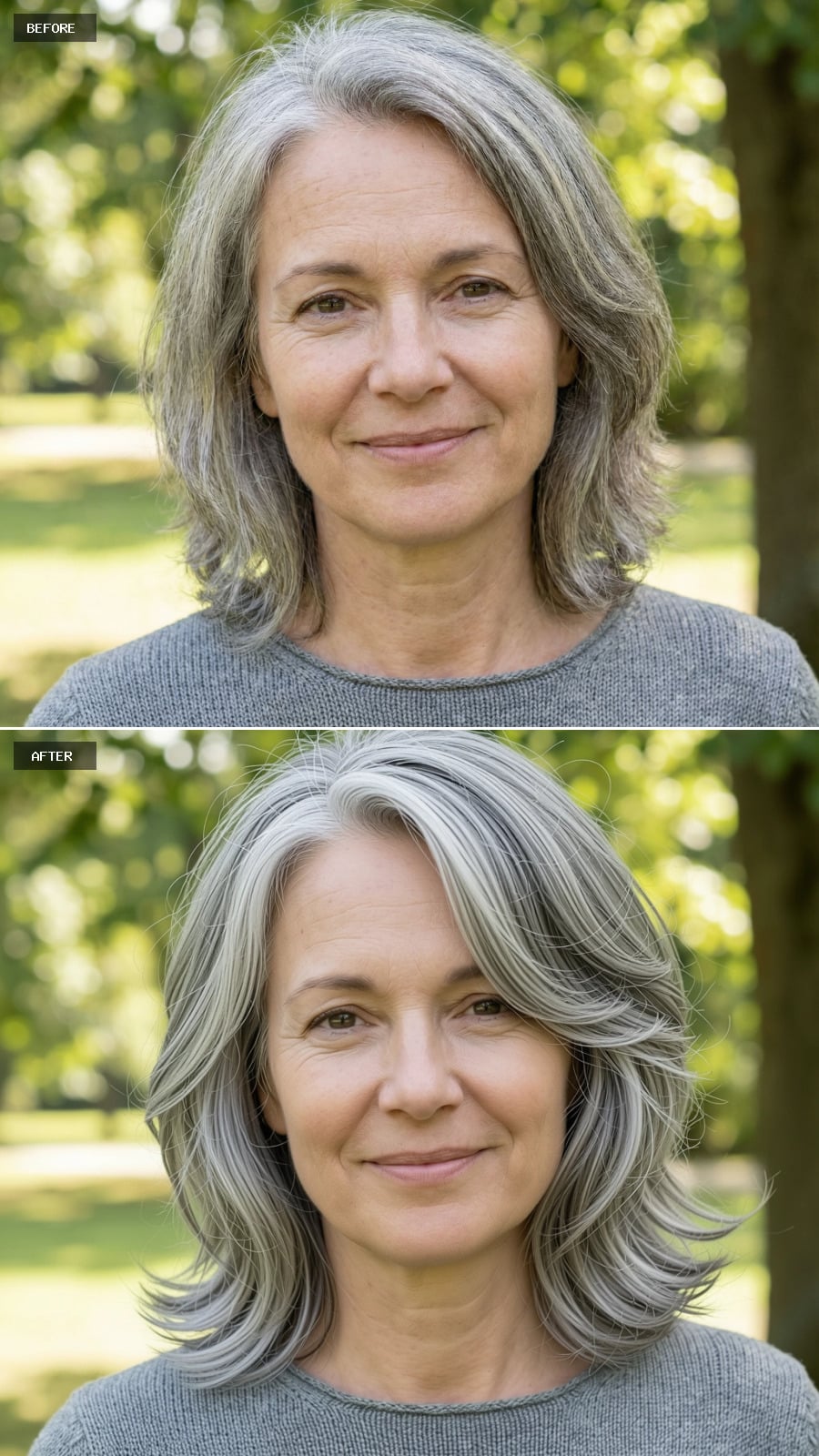 Create A Photorealistic Headshot Makeover Of The Same Woman With A Medium-length Layered Cut In Natural Silver-gray, Airy Crown Volume, Softly Flipped Ends, And A Relaxed Off-center Part.