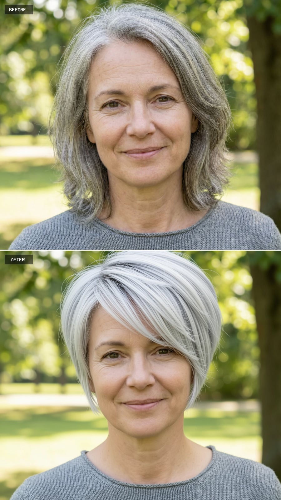 Create A Photorealistic Headshot Makeover Of The Same Woman With A Cropped Feathered Pixie In Pale Silver, Light Texture Throughout, Longer Top Layers, And A Soft Feminine Silhouette.