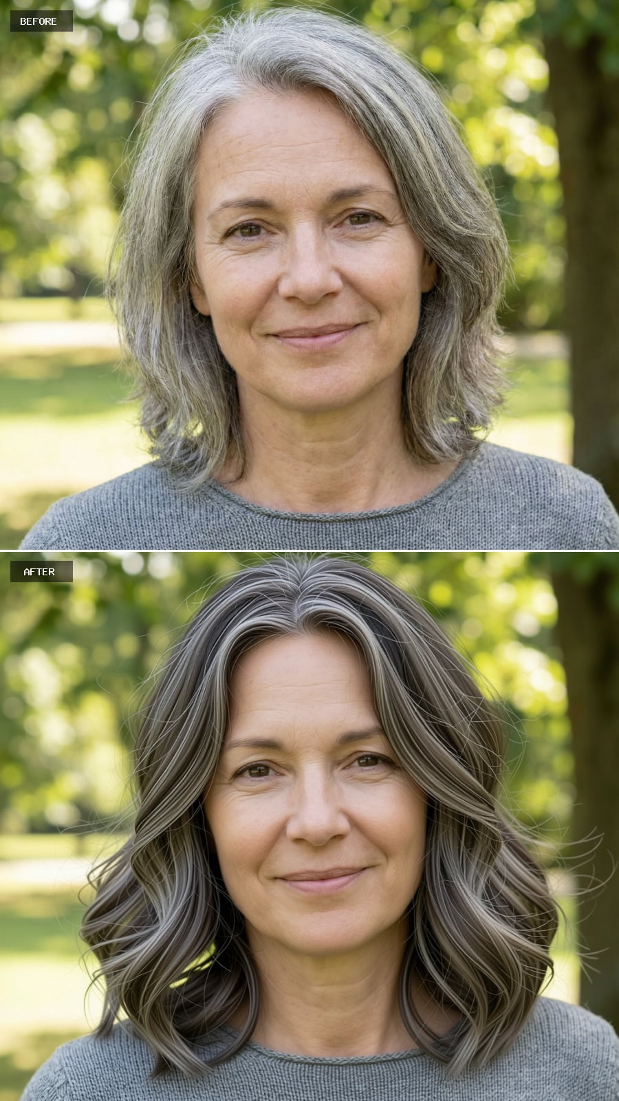 Create A Photorealistic Headshot Makeover Of The Same Woman With A Shoulder-length Softly Waved Hairstyle In Cool Taupe Brown With Natural Gray Highlights, Middle Part, And Effortless Movement.