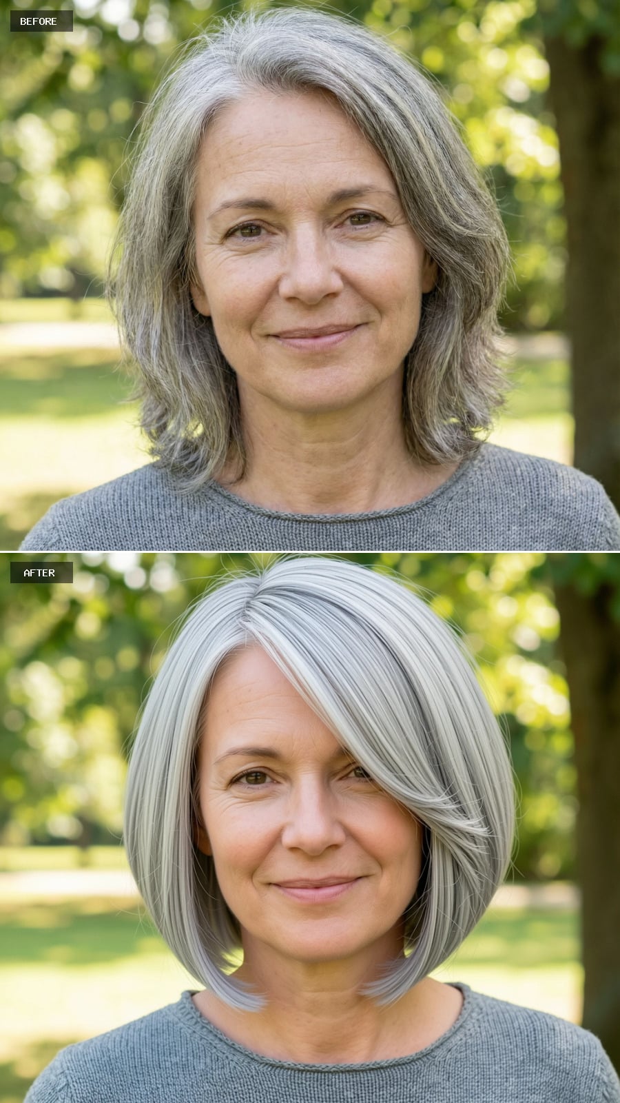 Create A Photorealistic Headshot Makeover Of The Same Woman With A Modern Rounded Bob In Icy Platinum-gray, Full Shape, Minimal Layering, And A Polished Blowout Finish.