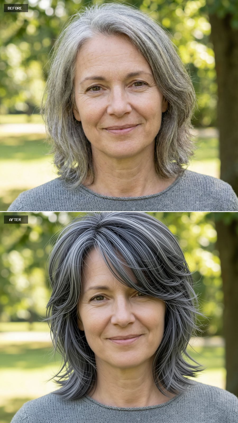 Create A Photorealistic Headshot Makeover Of The Same Woman With A Mid-length Cut In Smoky Salt-and-pepper Tones, Layered Crown, Wispy Ends, And Casual Air-dried Texture.