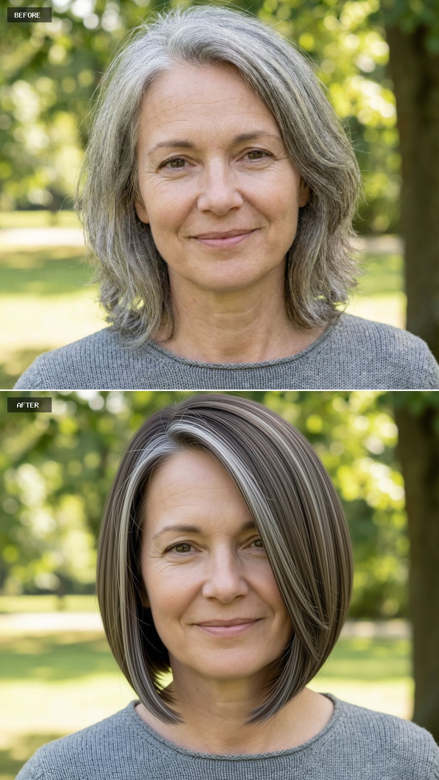 Create A Photorealistic Headshot Makeover Of The Same Woman With A Sleek Angled Bob In Ash Brown Fading Into Gray At The Front, Sharp Perimeter, And A Deep Side Part.