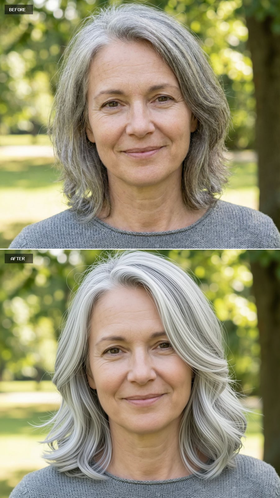 Create A Photorealistic Headshot Makeover Of The Same Woman With A Soft Shoulder-grazing Haircut In Natural White-gray, Subtle Layering, Gentle Wave, And An Understated, Elegant Finish.