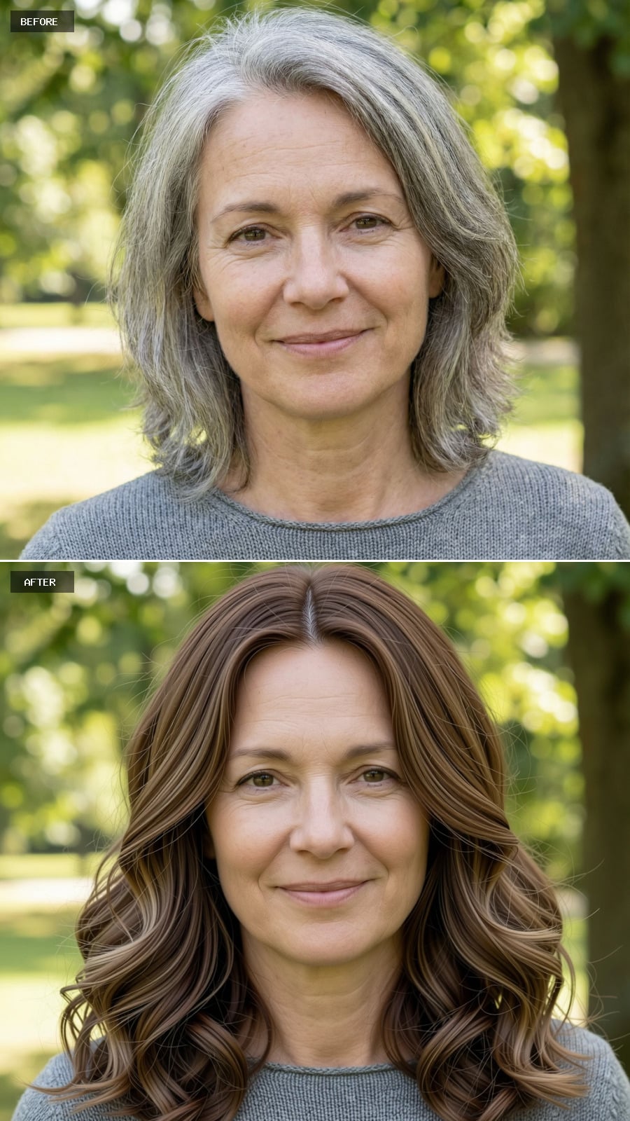 Create A Photorealistic Headshot Makeover Of The Same Woman With A Longer Layered Cut In Warm Cocoa Brown Mixed With Gray, Loose Curls At The Ends, And A Relaxed Center Part.