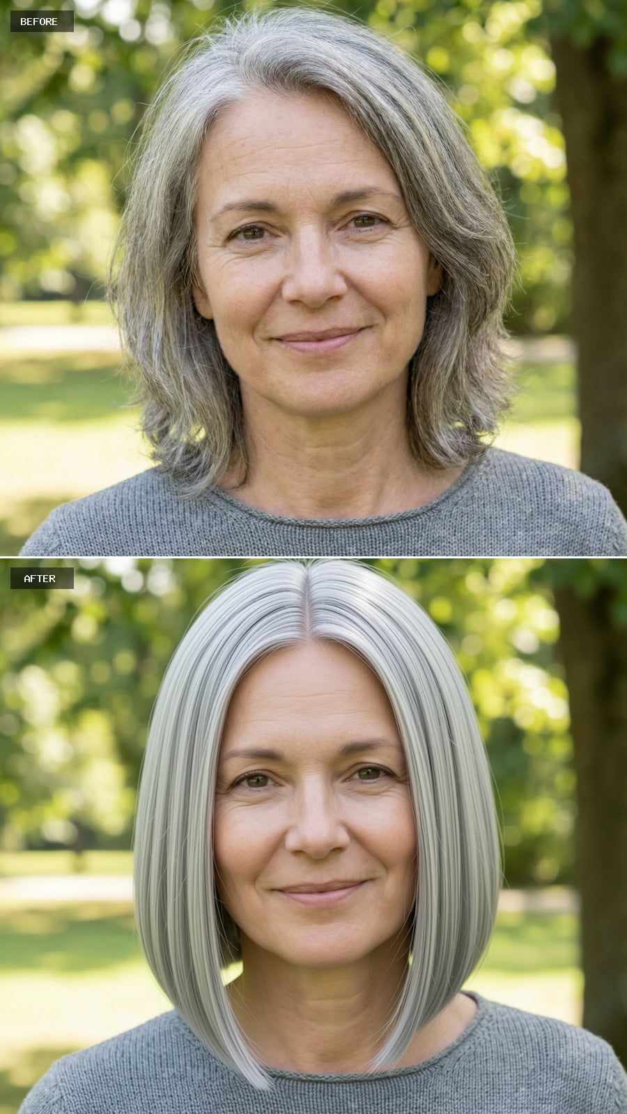 Create A Photorealistic Headshot Makeover Of The Same Woman With A Collarbone-length Blunt Lob In Cool Silver, Straight Styling, Crisp Ends, And A Clean Middle Part.
